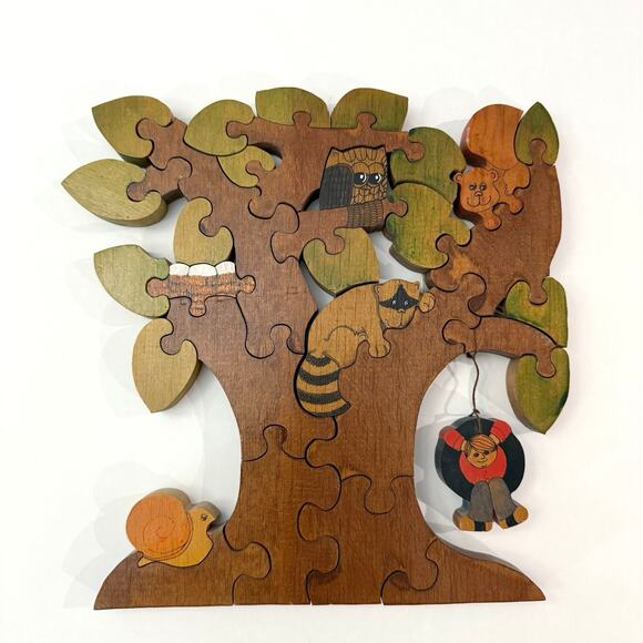 Vintage 1970s Wooden Puzzle Jenell Todd Woodland Animals Tire Swing Tree Painted - Picture 1 of 16